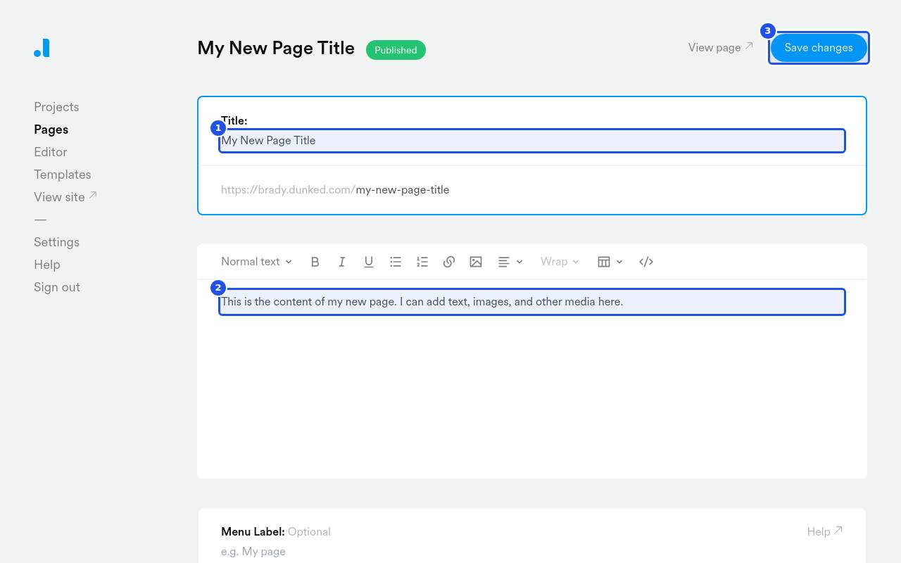The page editing screen allows you to set the